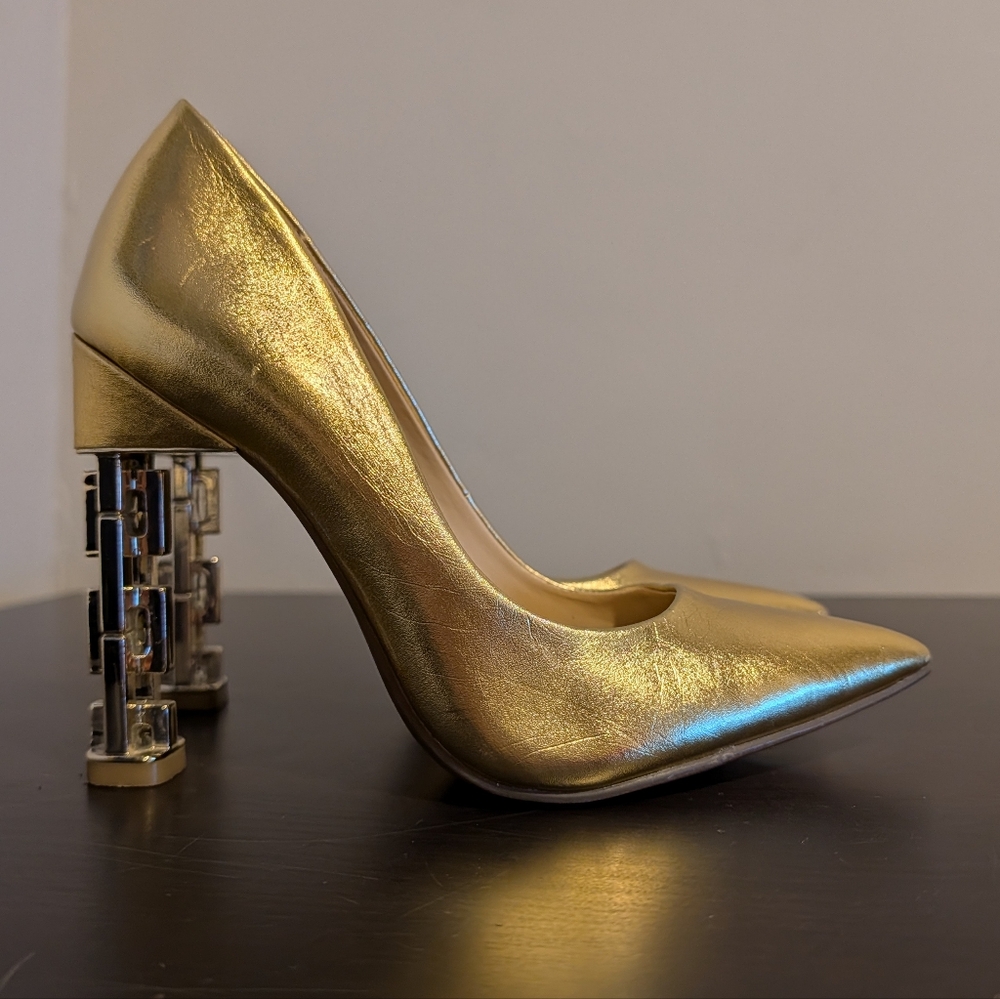 Gold Digger Katy Perry Suzzie Gold Heels Metallic Chain Block Heels Sexy Babe 6